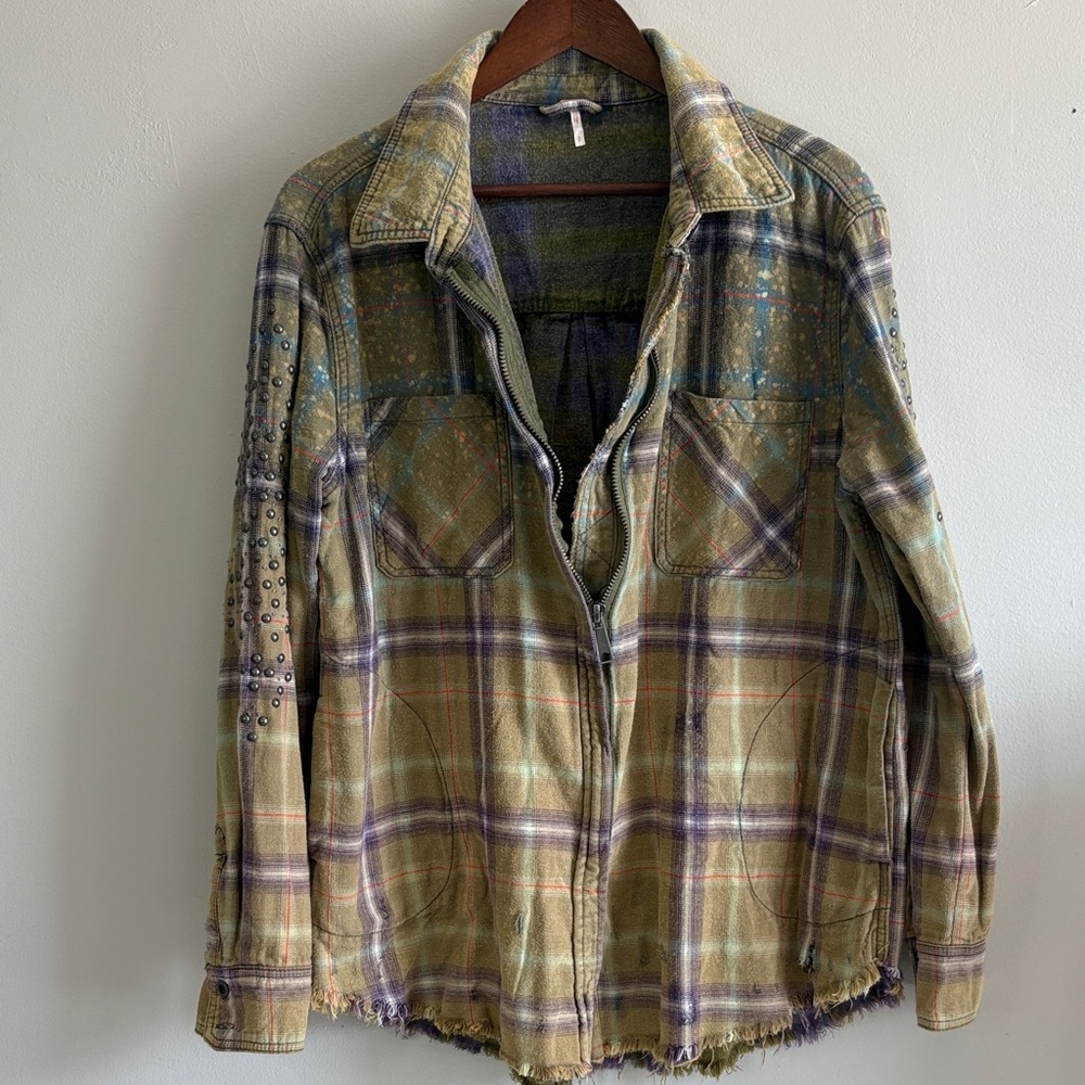 Free People Distressed Plaid Jacket Studded Grunge Boho
